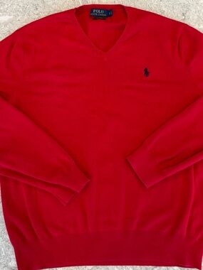 Ralph Lauren Red V-Neck Sweater with Navy Pony